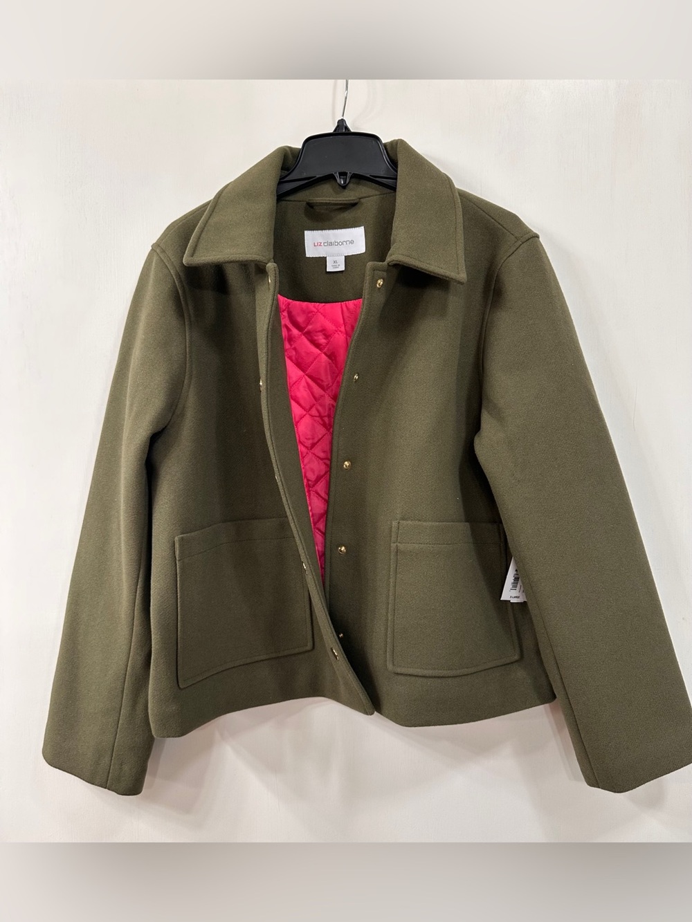 NWT Liz Claiborne Short PeaCoat Olive Green Pink Quilted Lining Women’s XL $200